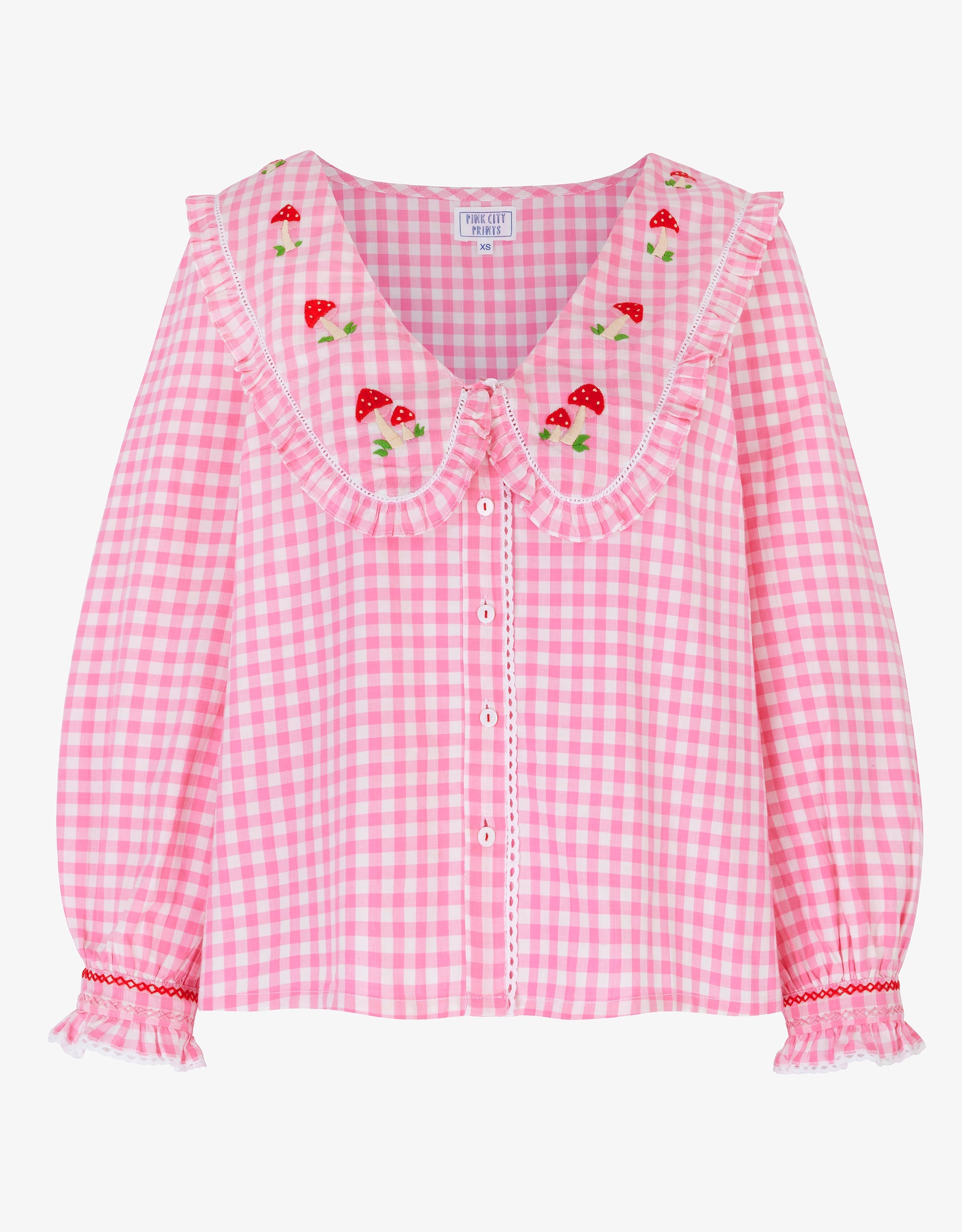 Pink City Prints Embroidered Candy Floss Gingham Esme Blouse