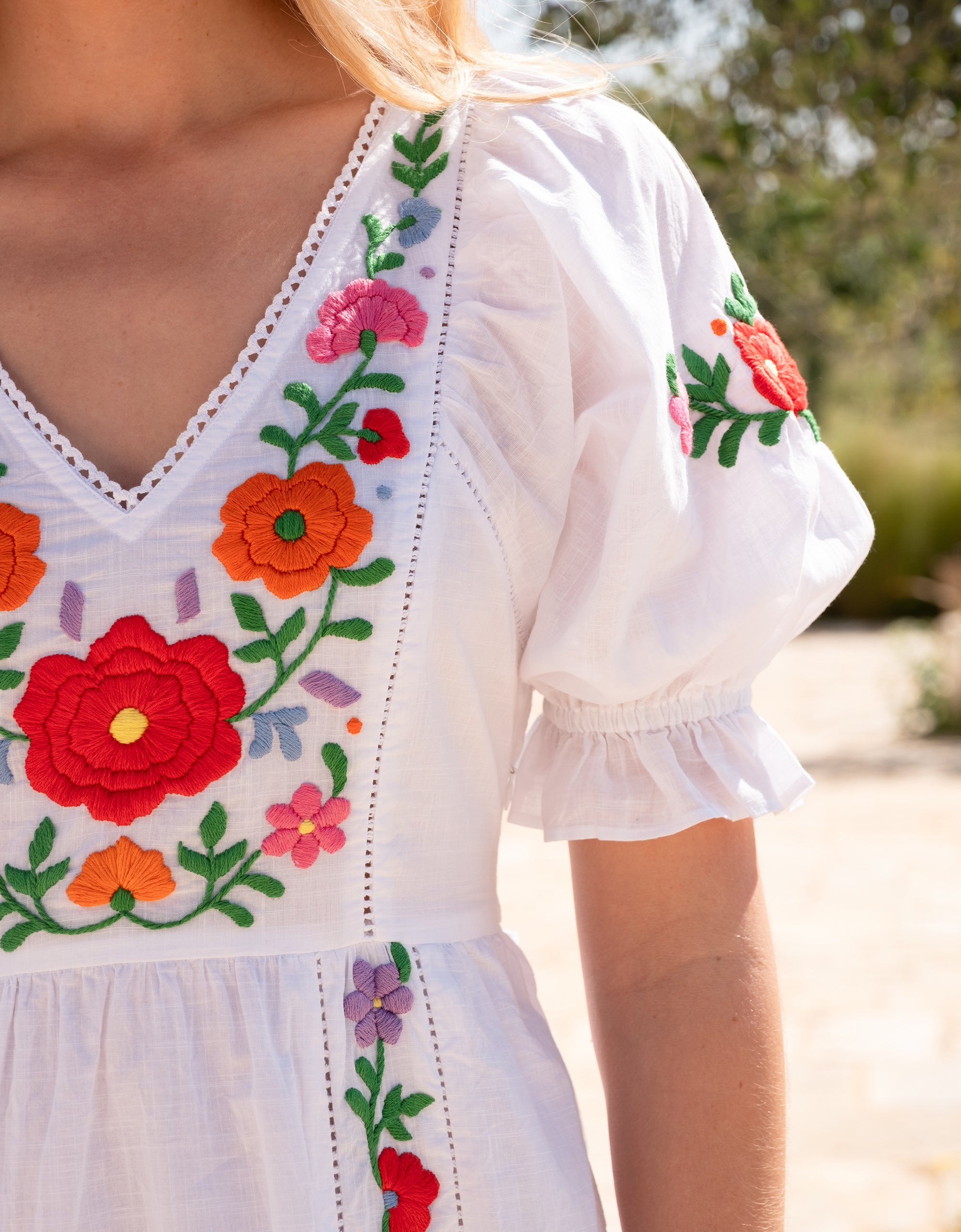 Pink City Prints Embroidered Folk Flowers Laura Dress