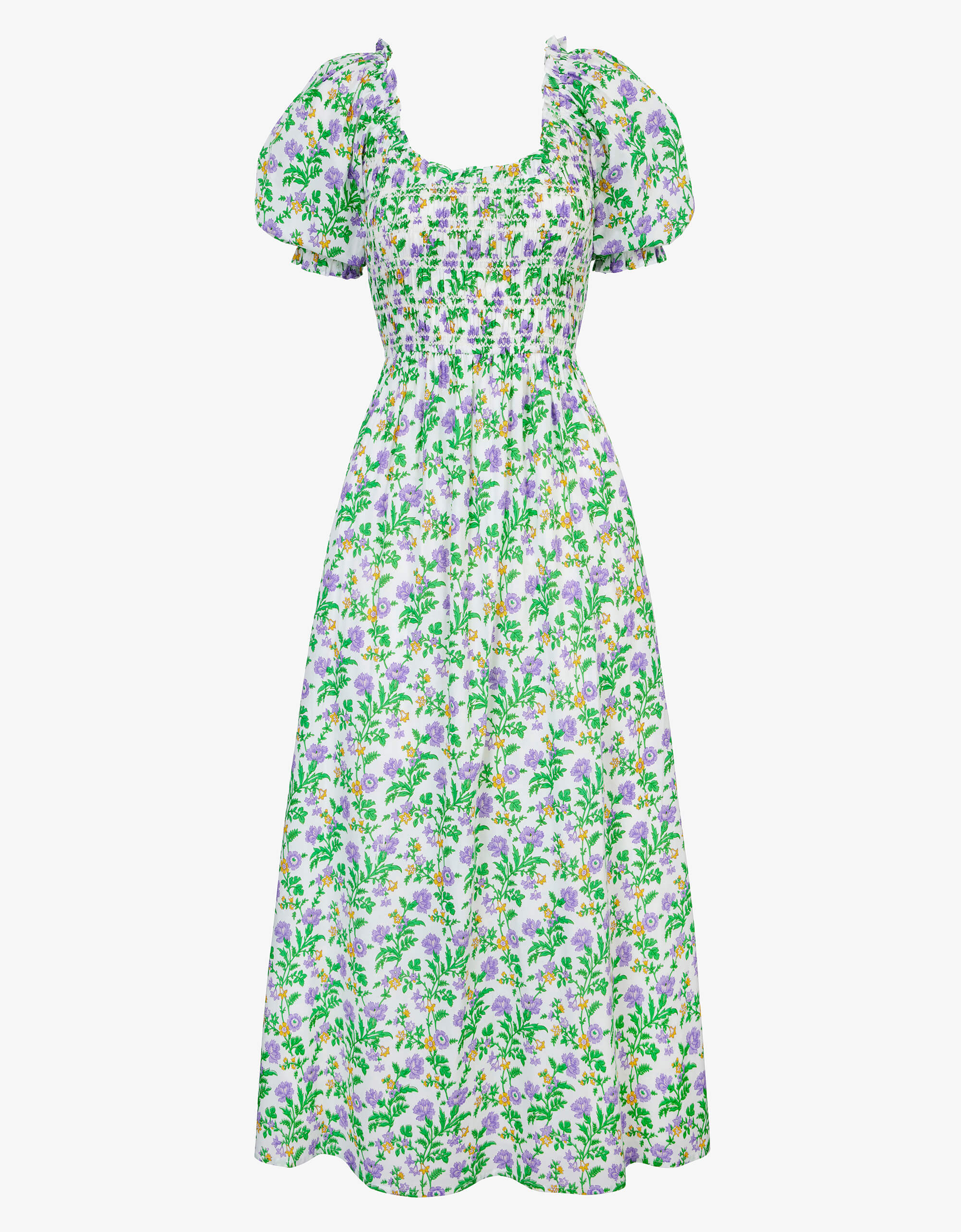 Alice Dress | Purple, Green & Yellow Floral Midi | Screen Print Cotton