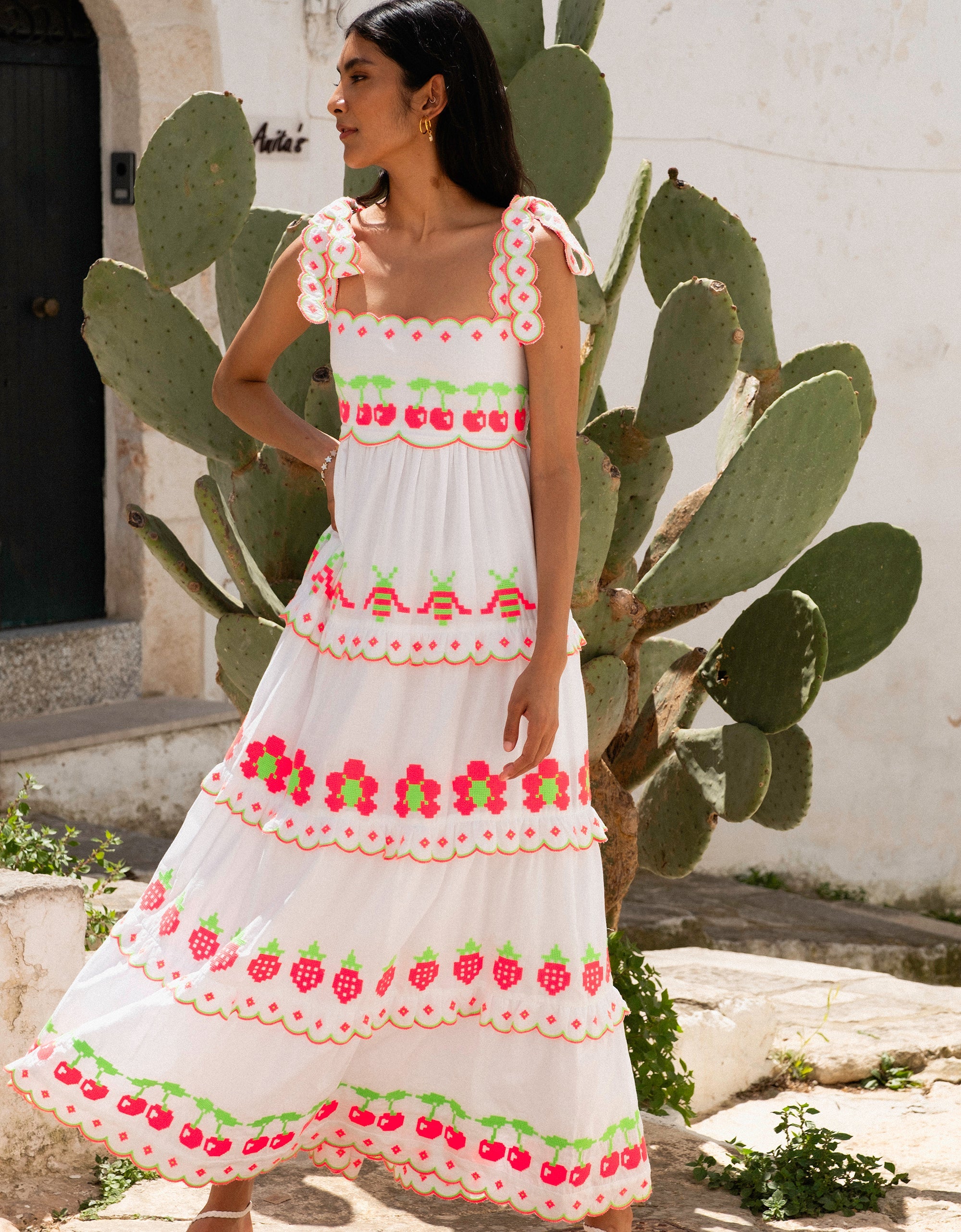 Pink City Prints Neon Fruit Embroidery Athens Dress