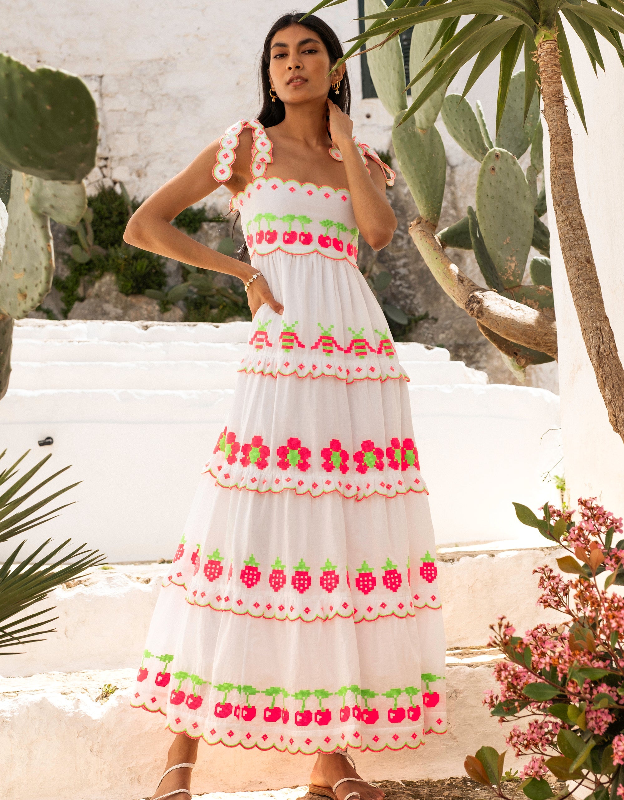 Pink City Prints Neon Fruit Embroidery Athens Dress