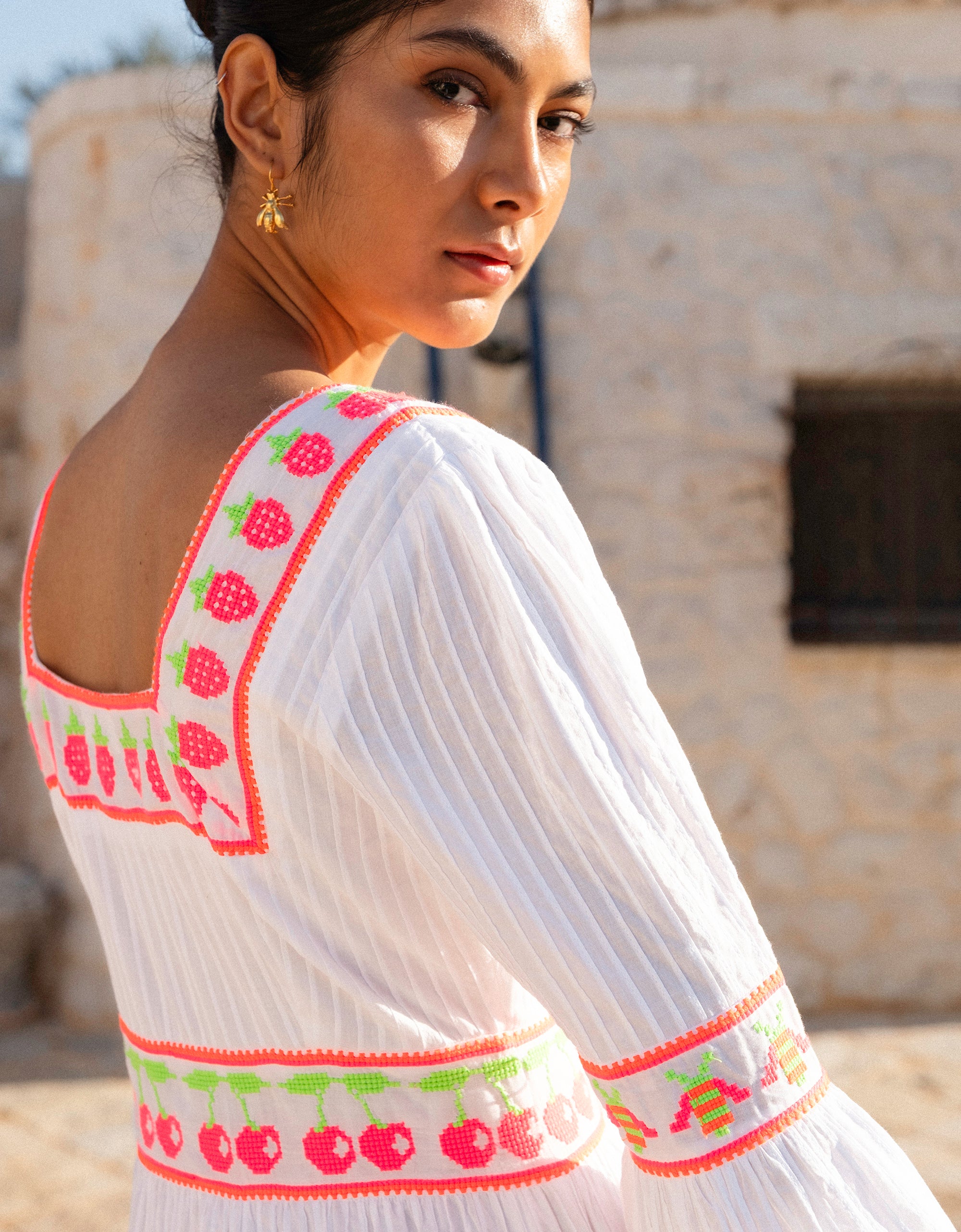 Pink City Prints Neon Fruit Embroidery Celine Dress