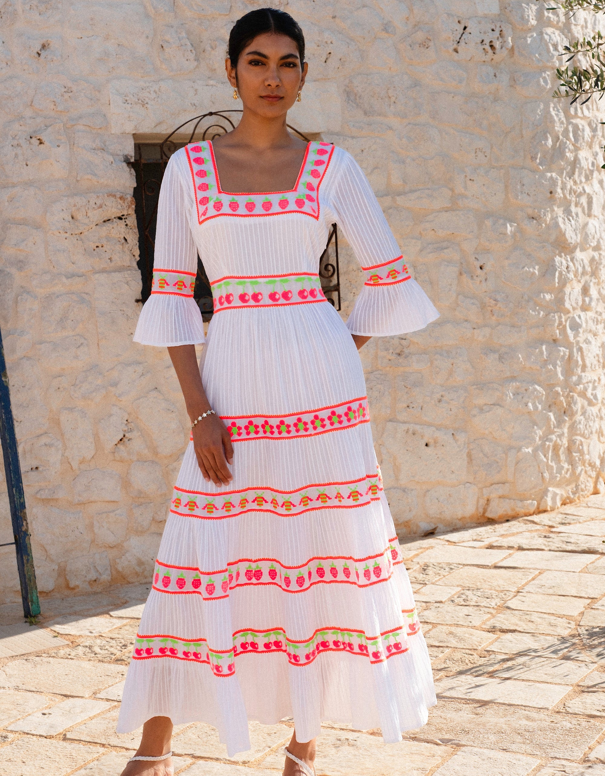 Pink City Prints Neon Fruit Embroidery Celine Dress