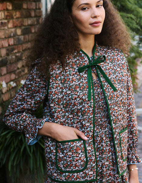 Maggie Gilet | Brown, Blue & Green Floral Vest | Screen Print Cotton