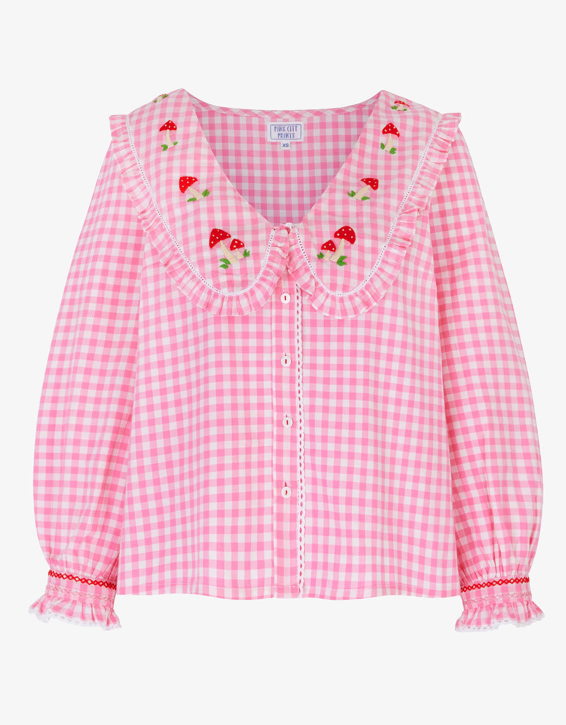 Pink City Prints Embroidered Candy Floss Gingham Esme Blouse