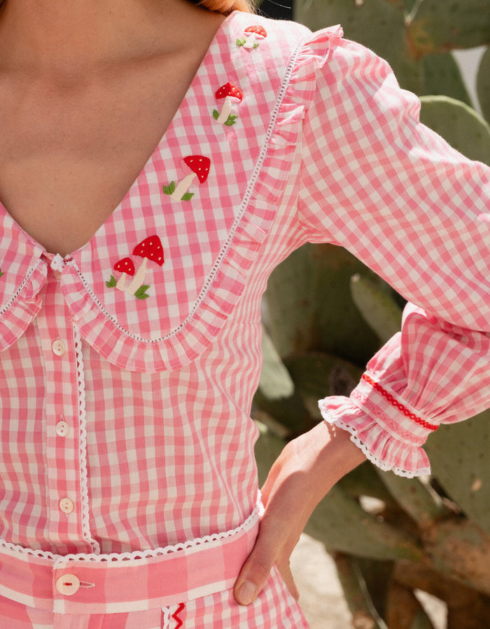 Pink City Prints Embroidered Candy Floss Gingham Esme Blouse