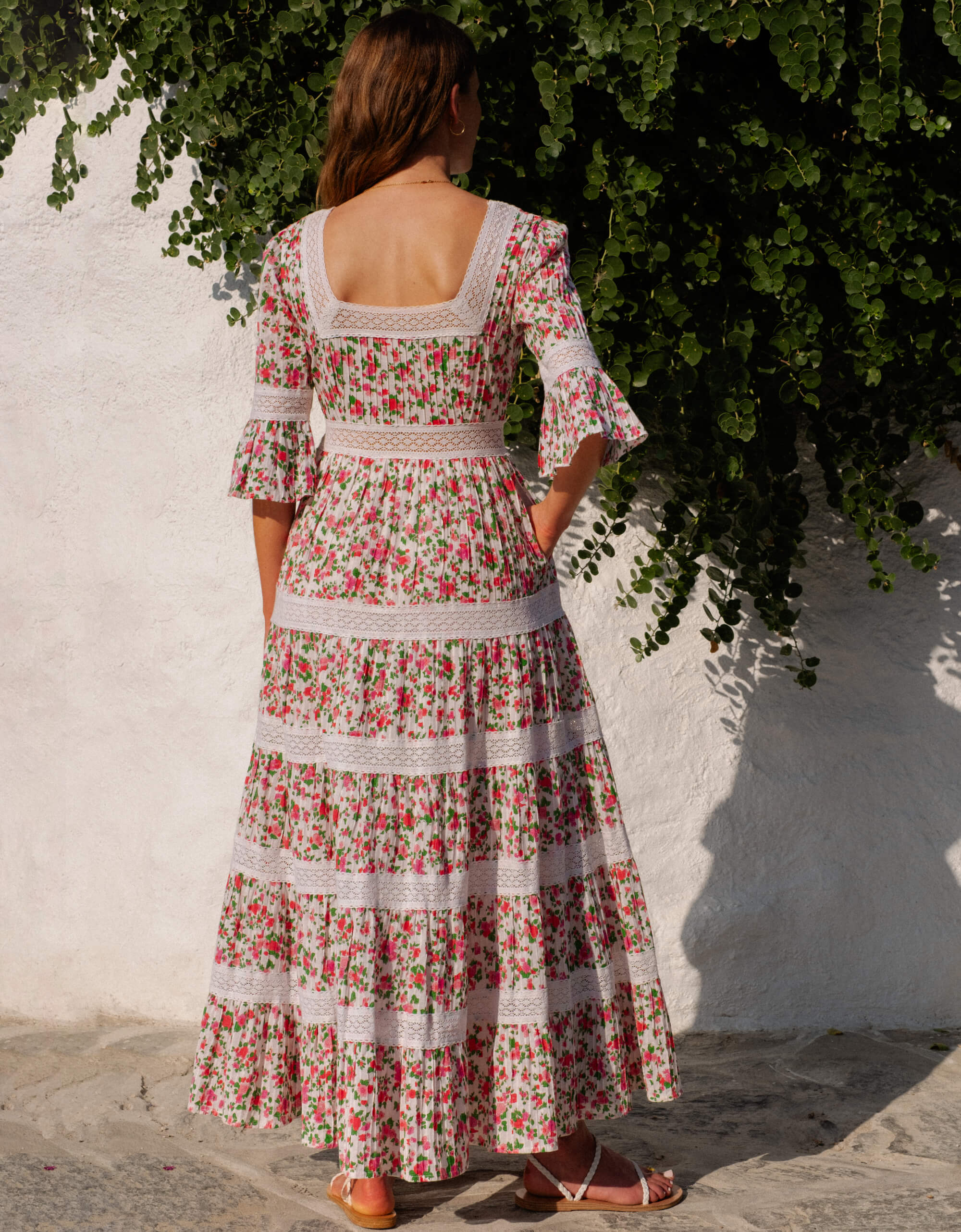 Celine Dress | White, Pink & Green Floral Maxi | Block Print Cotton