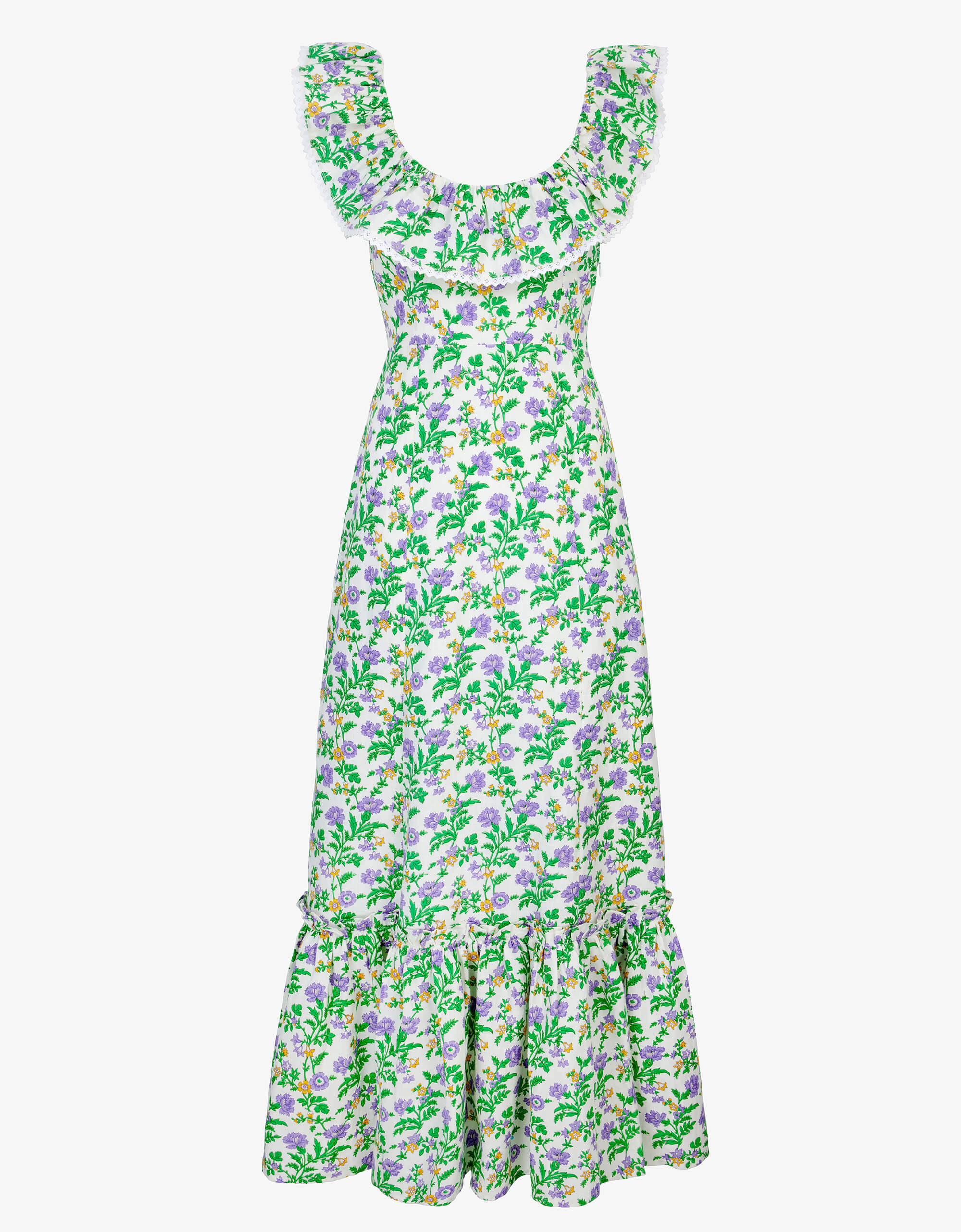 Nora Dress | Purple, Green & Yellow Floral Maxi | Screen Print Cotton