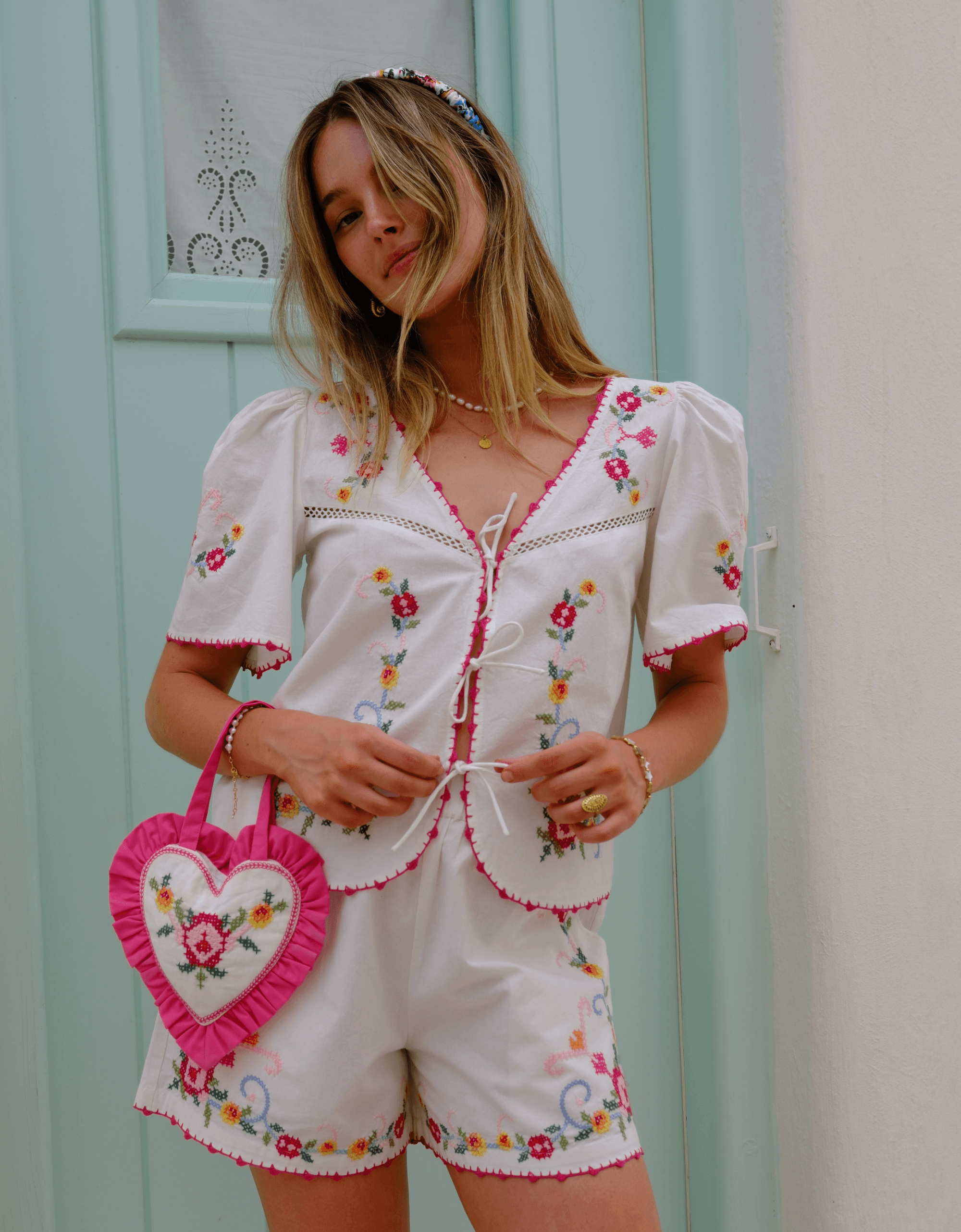 Pink City Prints Rose Cross Stitch Gia Shorts