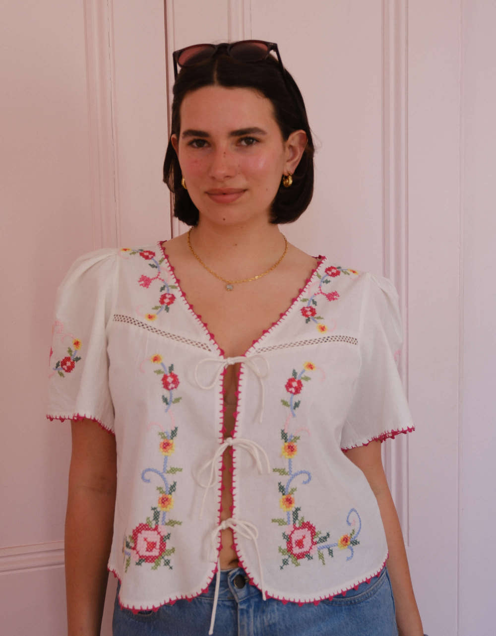 Pink City Prints Rose Cross Stitch Gia Top
