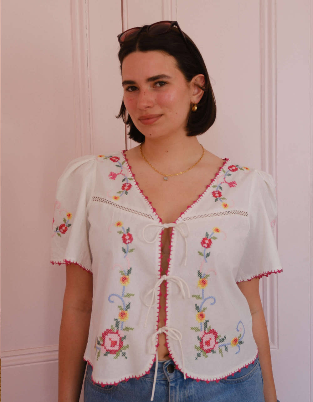 Pink City Prints Rose Cross Stitch Gia Top