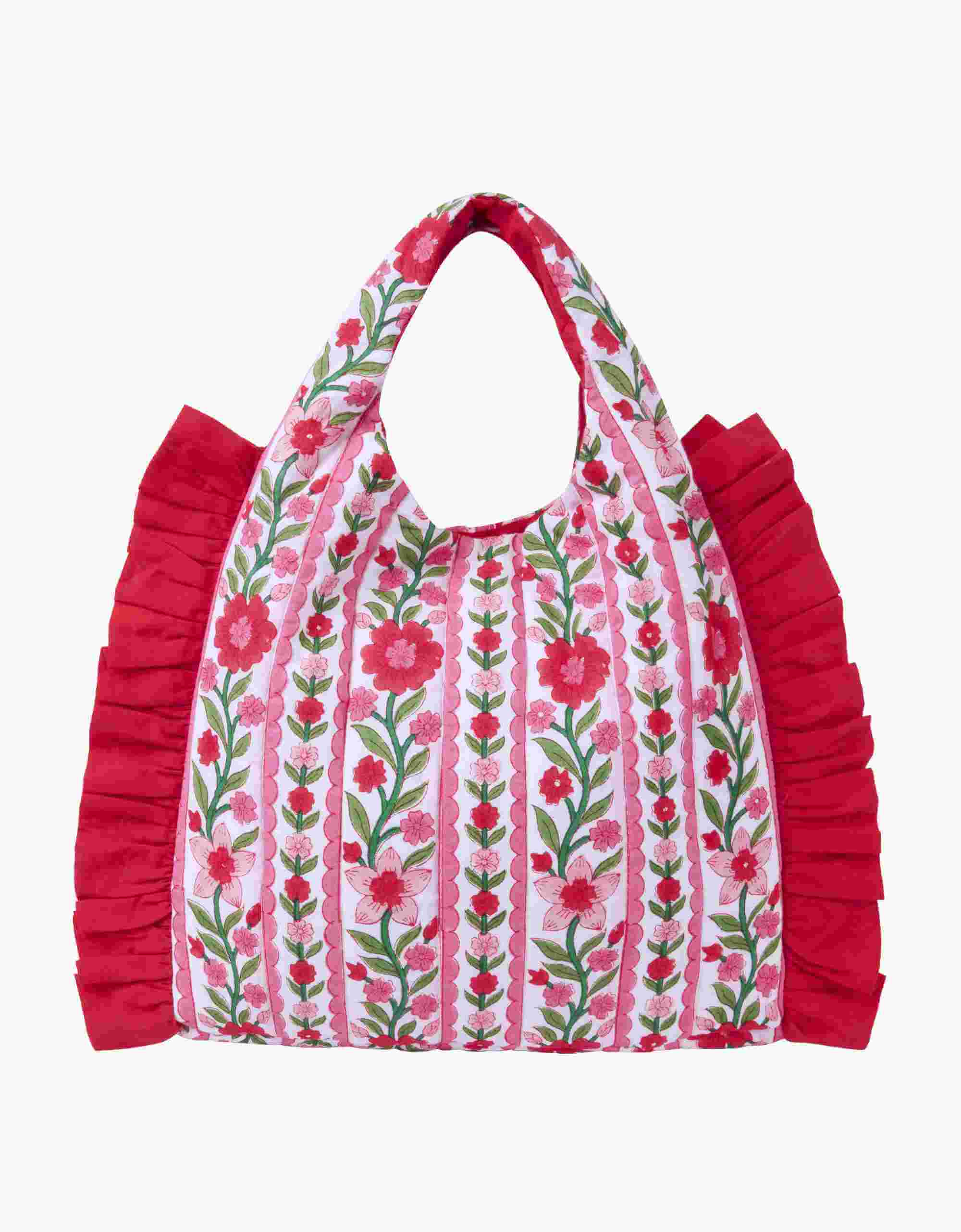 Ruffle Clutch Bag | Red & White Floral | Block Print Cotton